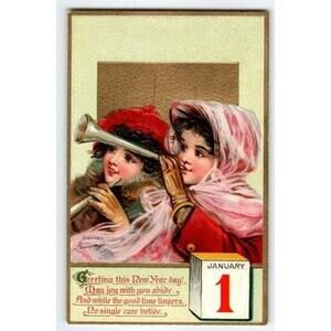 Vintage 1907-1915 Frances Brundage New Year Postcard Children Lithograph Signed